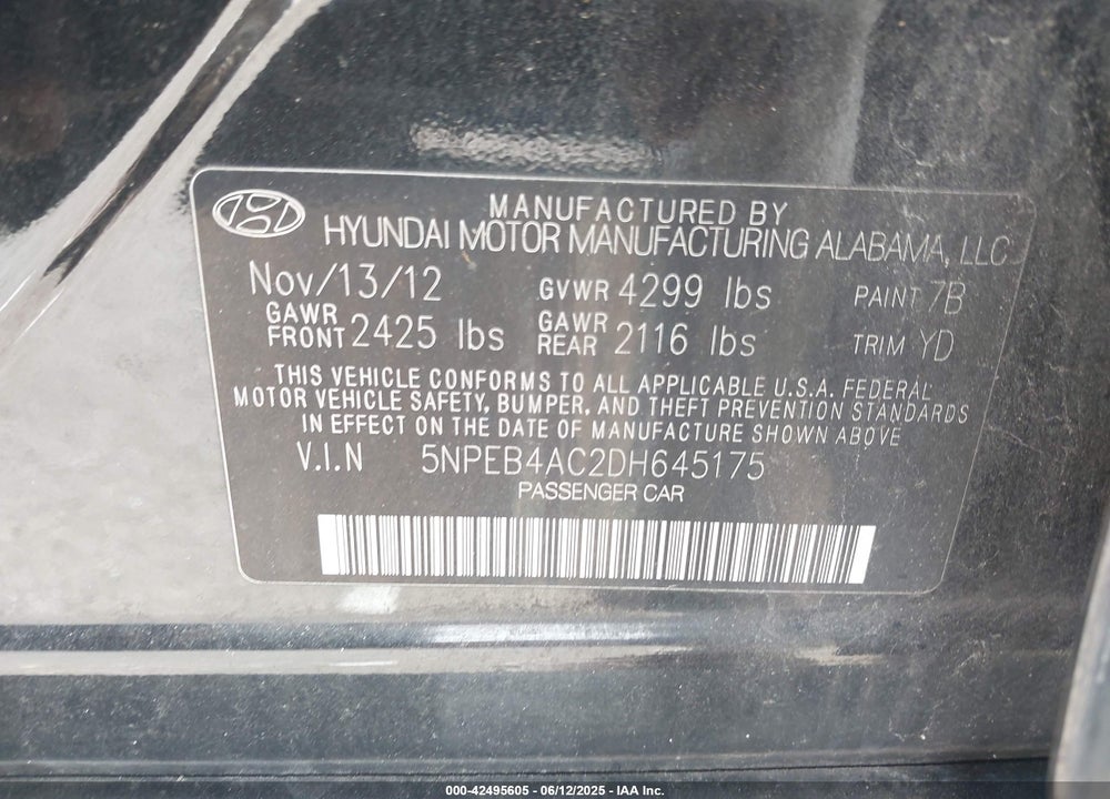 2013 HYUNDAI SONATA VIN: 5NPEB4AC2DH645175