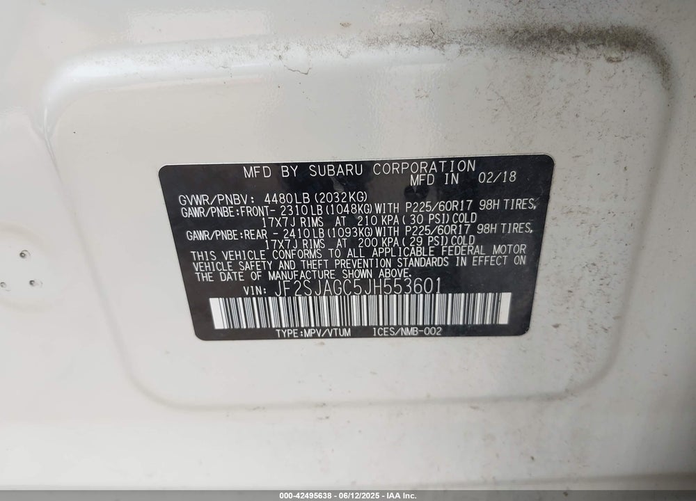2018 SUBARU FORESTER 2.5I PREMIUM VIN: JF2SJAGC5JH553601