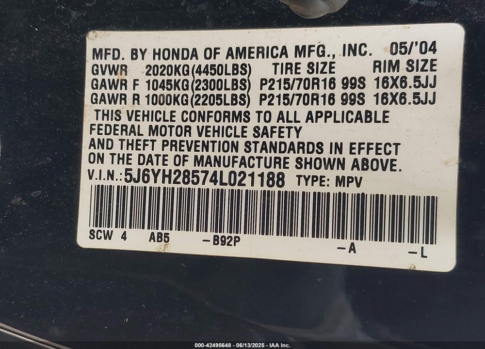2004 HONDA ELEMENT EX VIN: 5J6YH28574L021188