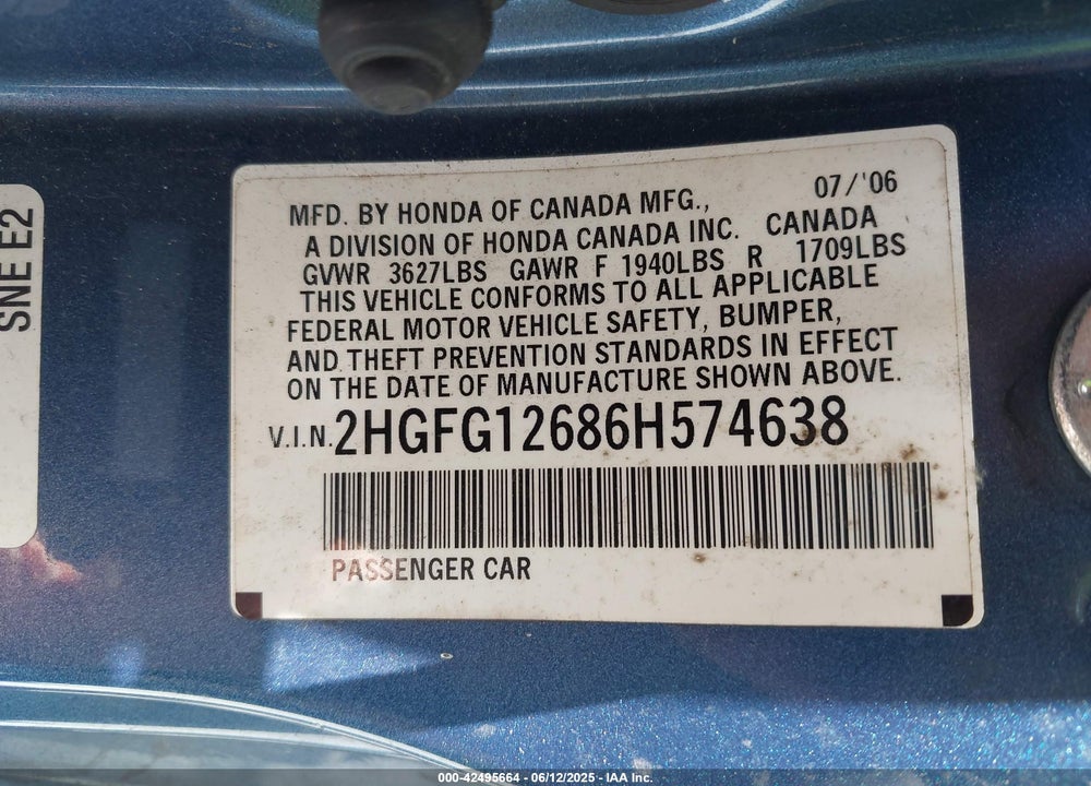 2006 HONDA CIVIC LX VIN: 2HGFG12686H574638