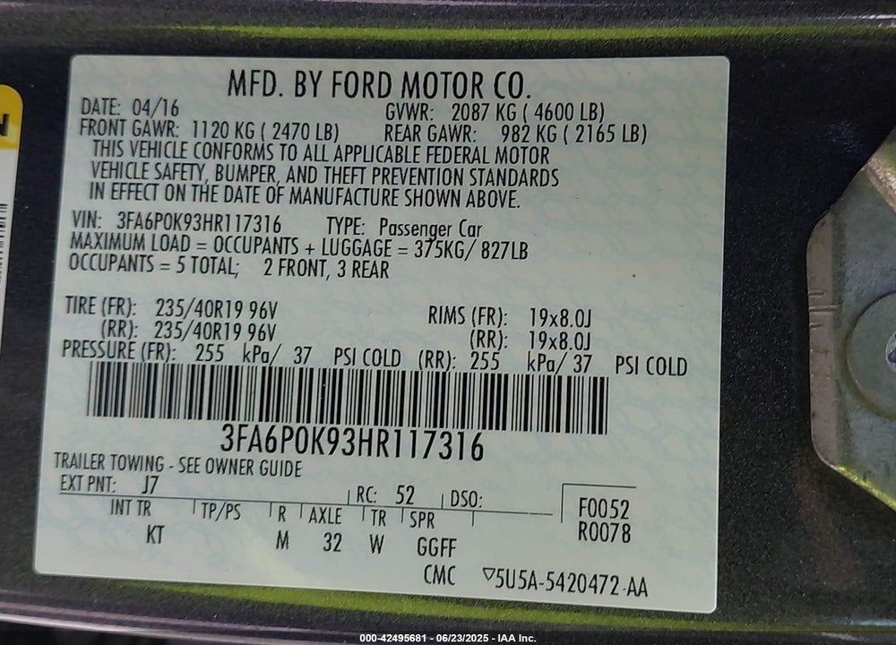 2017 FORD FUSION VIN: 3FA6P0K93HR117316