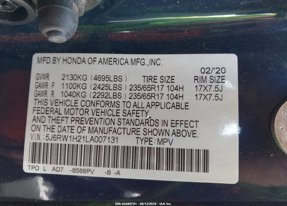 2020 HONDA CR-V VIN: 5J6RW1H21LA007131