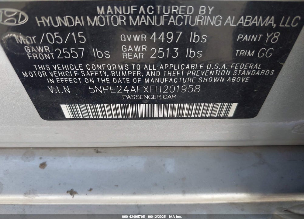 2015 HYUNDAI SONATA VIN: 5NPE24AFXFH201958