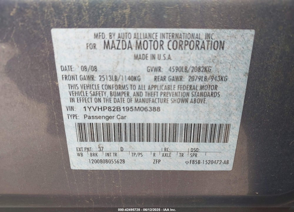 2009 MAZDA 6 S GRAND TOURING VIN: 1YVHP82B195M06388