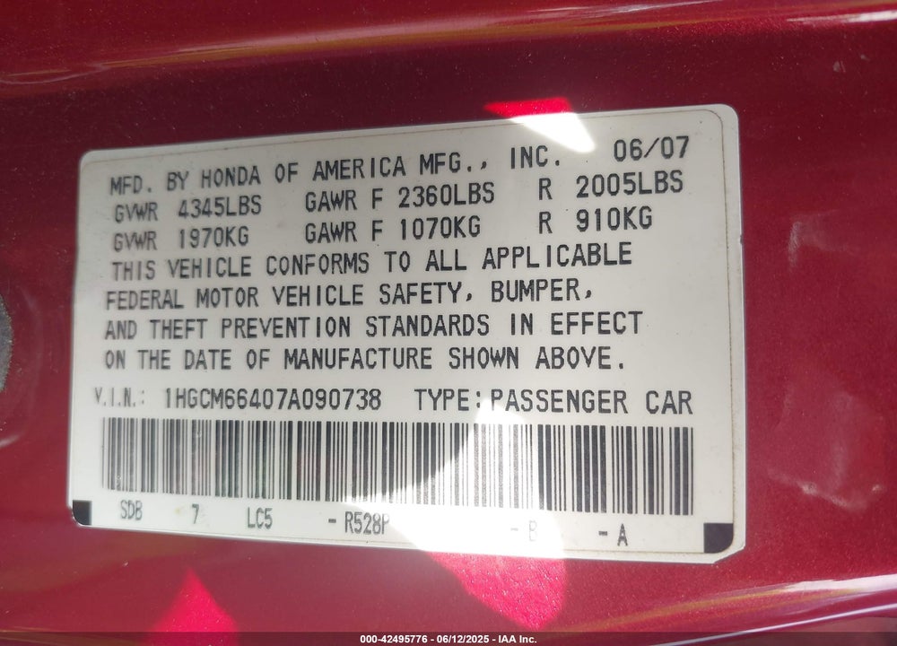 2007 HONDA ACCORD 3.0 SE VIN: 1HGCM66407A090738
