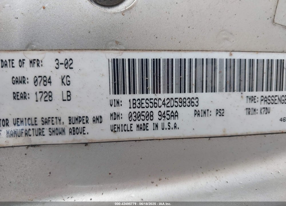 2002 DODGE NEON SXT VIN: 1B3ES56C42D598363