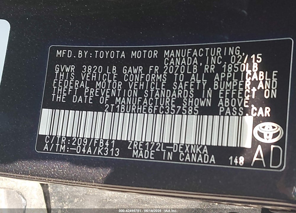 2015 TOYOTA COROLLA VIN: 2T1BURHE6FC357585