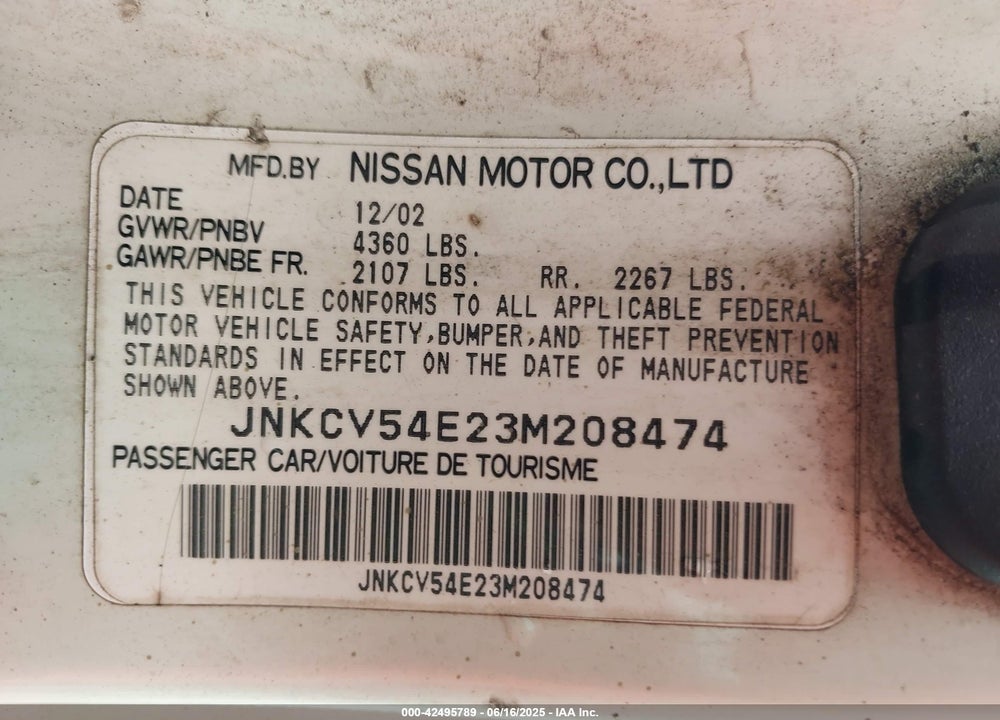 2003 INFINITI G35 BASE W/LEATHER VIN: JNKCV54E23M208474