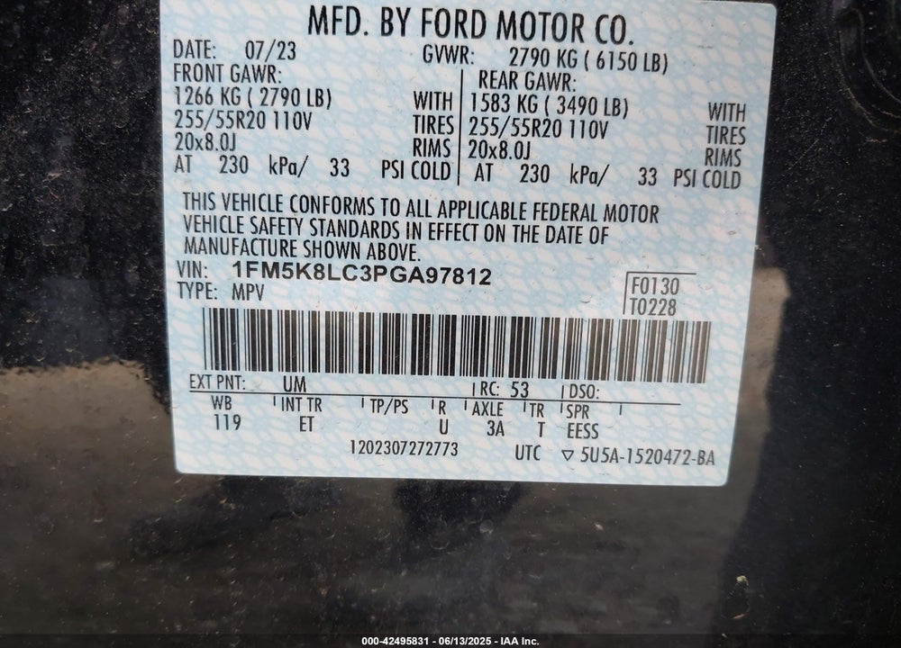 2023 FORD EXPLORER VIN: 1FM5K8LC3PGA97812