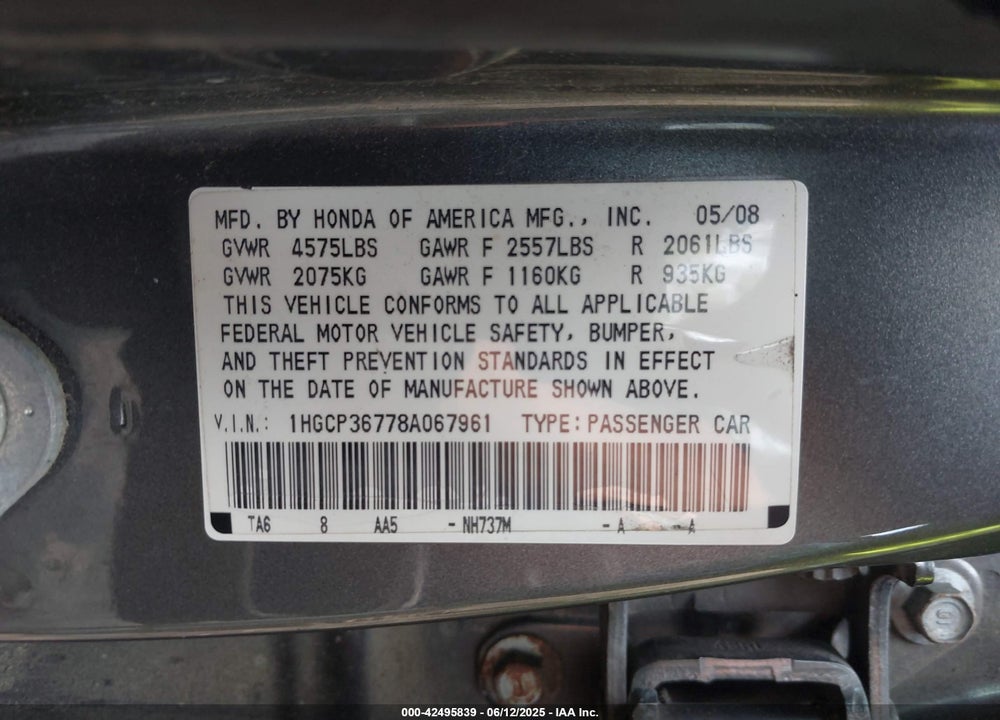 2008 HONDA ACCORD 3.5 EX VIN: 1HGCP36778A067961