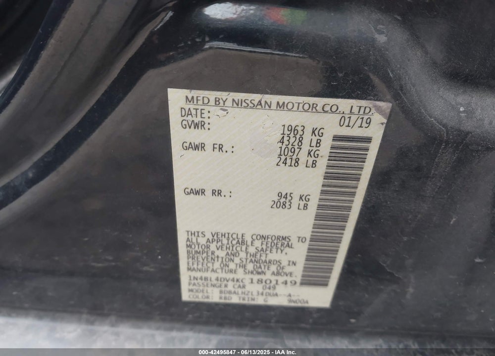 2019 NISSAN ALTIMA VIN: 1N4BL4DV4KC180149