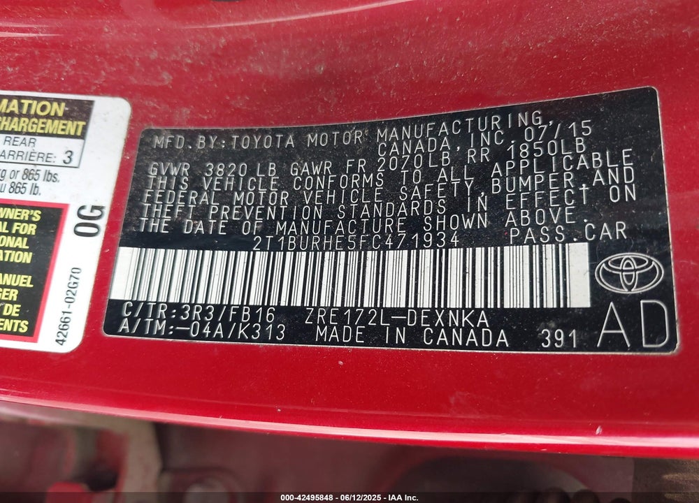 2015 TOYOTA COROLLA VIN: 2T1BURHE5FC471934