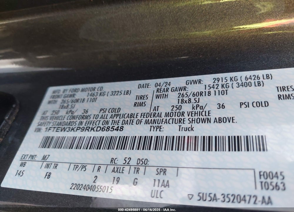 2024 FORD F-150 VIN: 1FTEW3KP9RKD68548