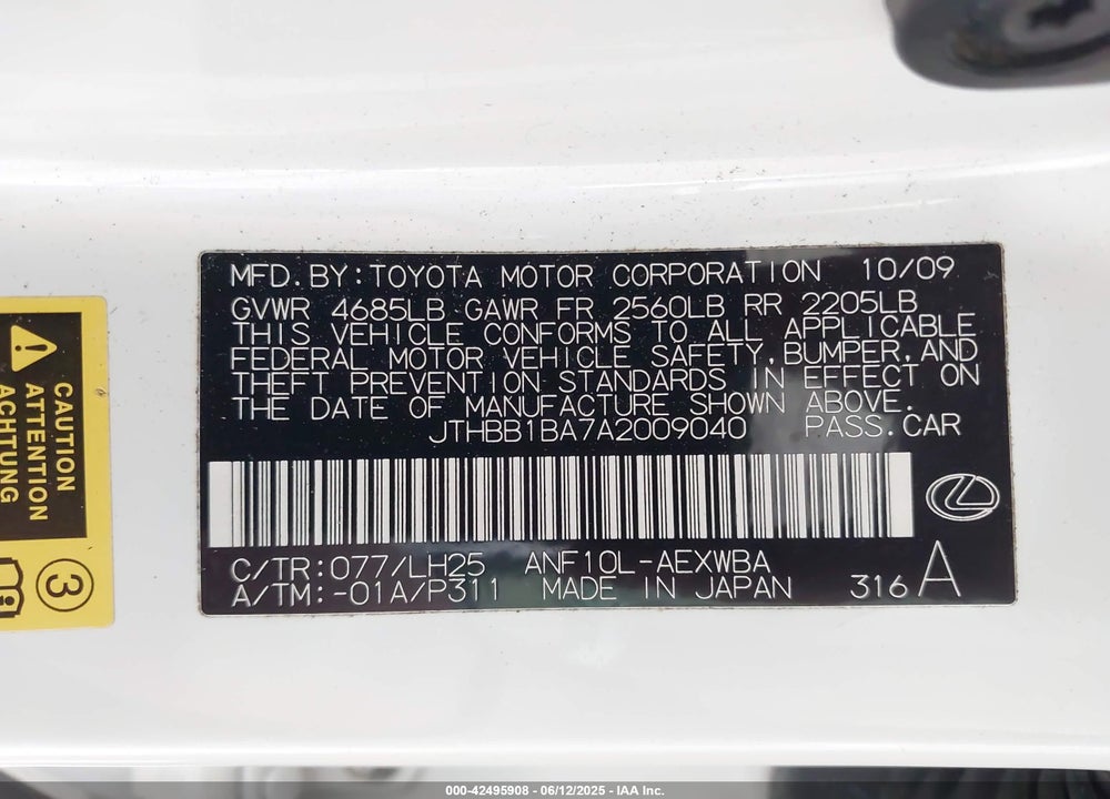 2010 LEXUS HS VIN: JTHBB1BA7A2009040