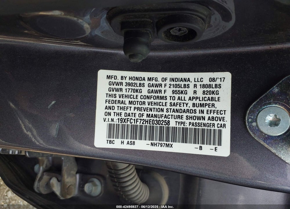 2017 HONDA CIVIC VIN: 19XFC1F72HE030258