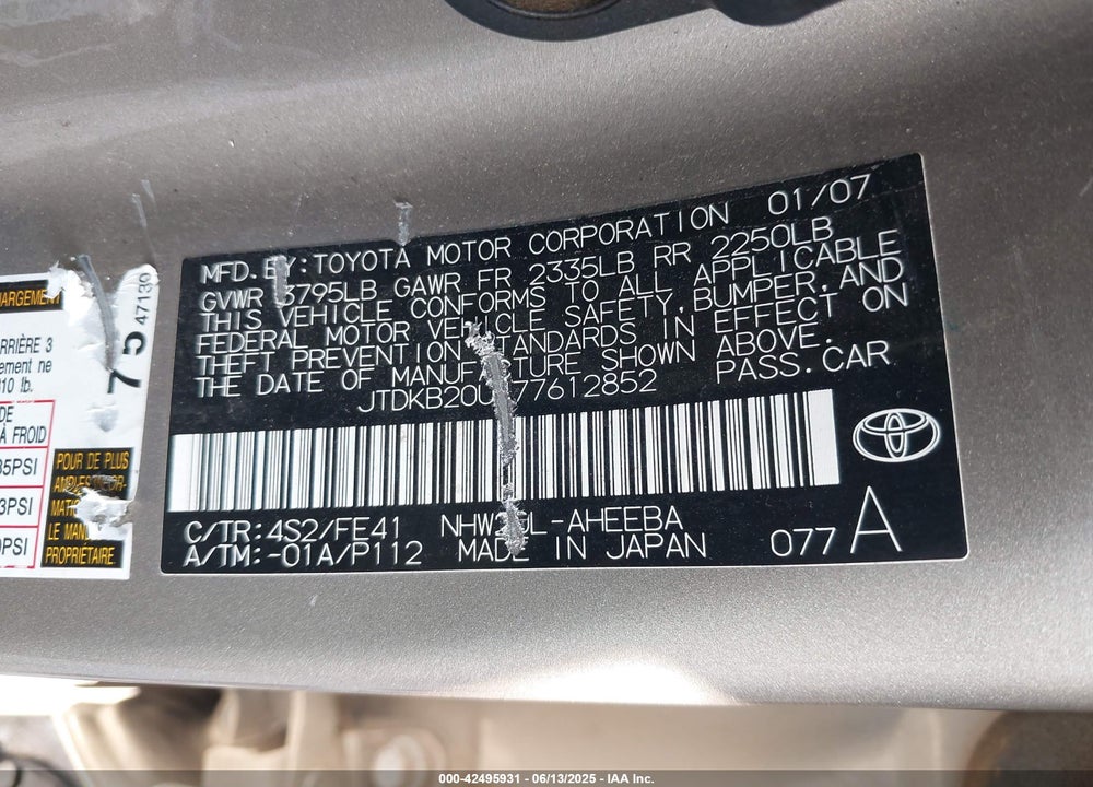 2007 TOYOTA PRIUS VIN: JTDKB20U477612852