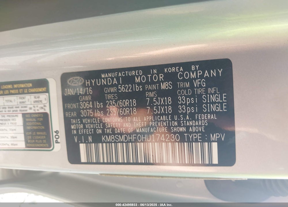2017 HYUNDAI SANTA FE VIN: KM8SMDHF0HU174230