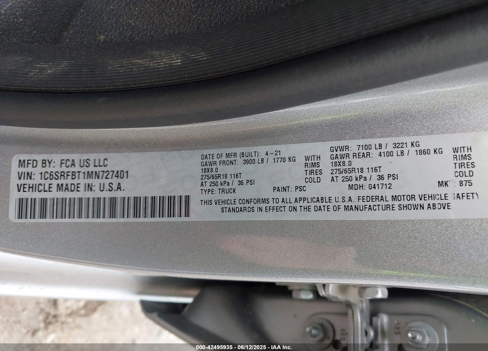2021 RAM 1500 VIN: 1C6SRFBT1MN727401