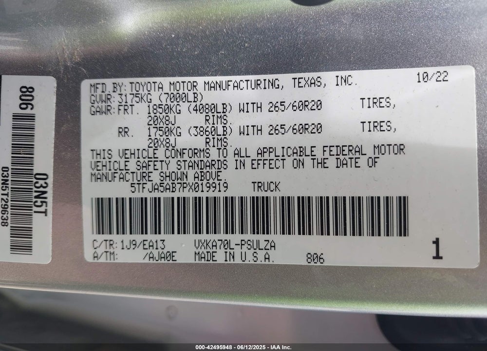 2023 TOYOTA TUNDRA VIN: 5TFJA5AB7PX019919