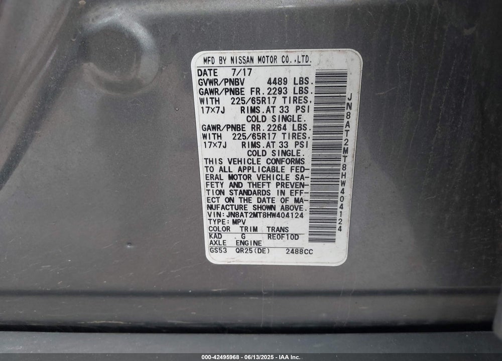 2017 NISSAN ROGUE SV VIN: JN8AT2MT8HW404124