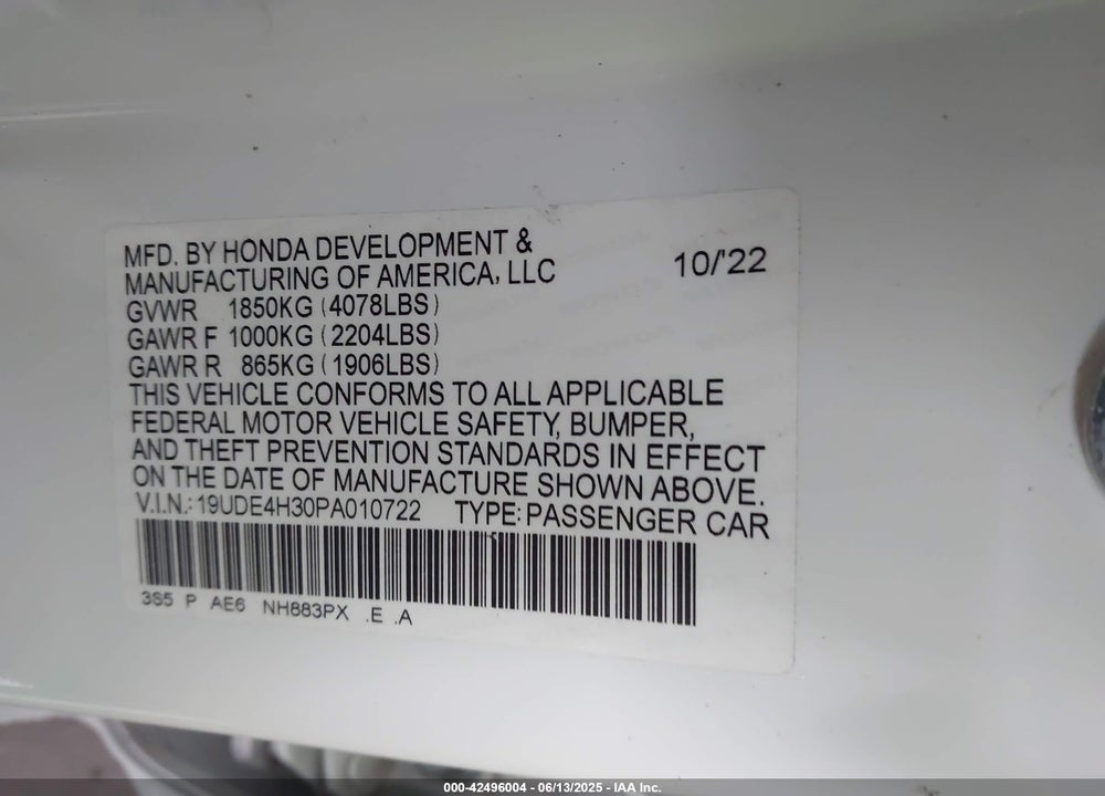 2023 ACURA INTEGRA VIN: 19UDE4H30PA010722
