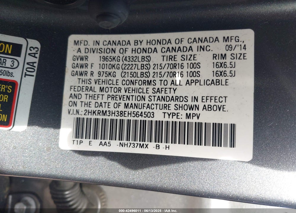 2014 HONDA CR-V VIN: 2HKRM3H38EH564503
