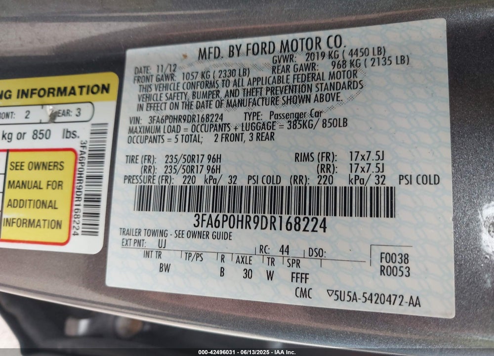 2013 FORD FUSION VIN: 3FA6P0HR9DR168224