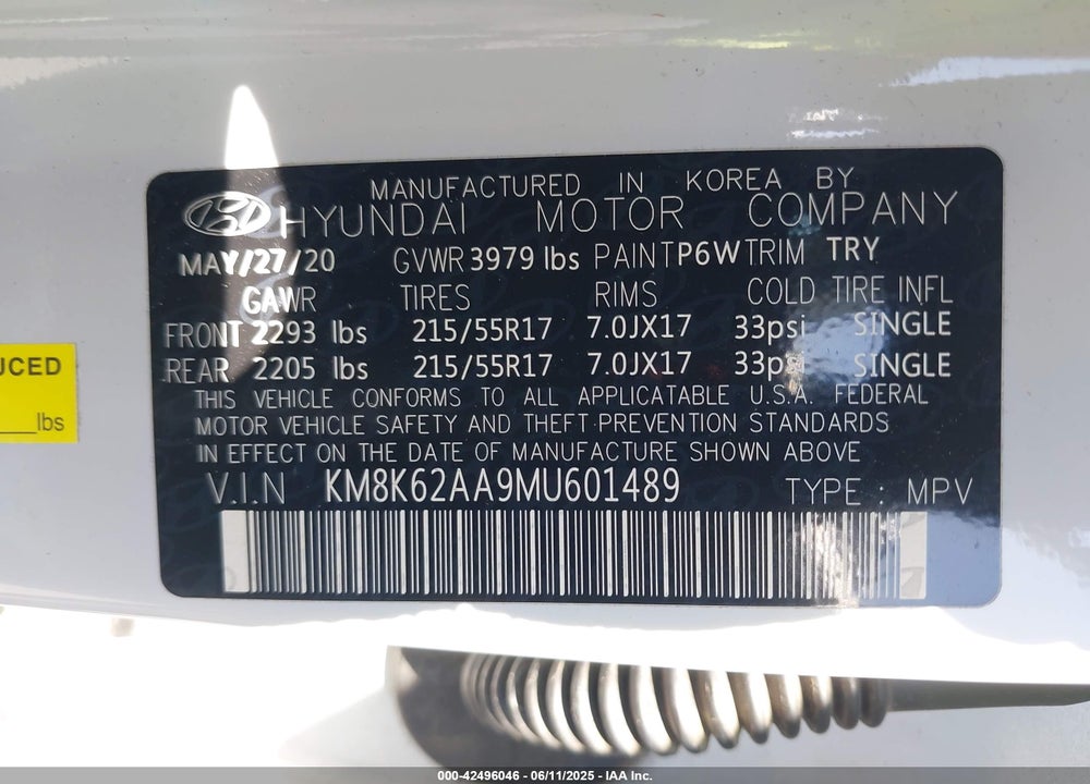 2021 HYUNDAI KONA VIN: KM8K62AA9MU601489