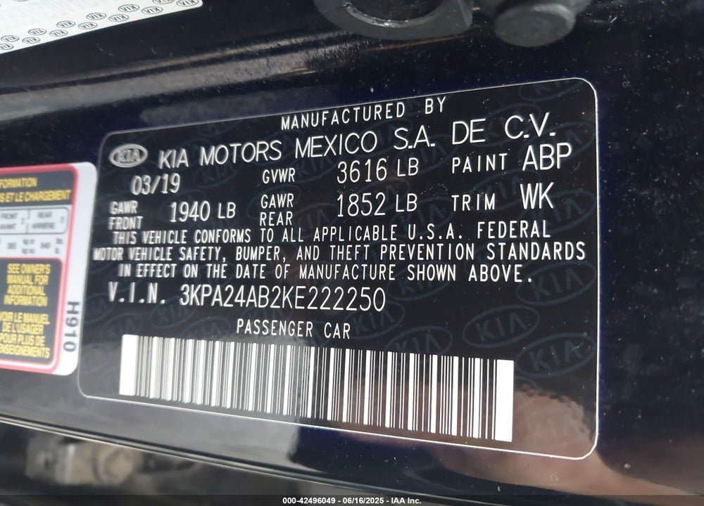 2019 KIA RIO VIN: 3KPA24AB2KE222250
