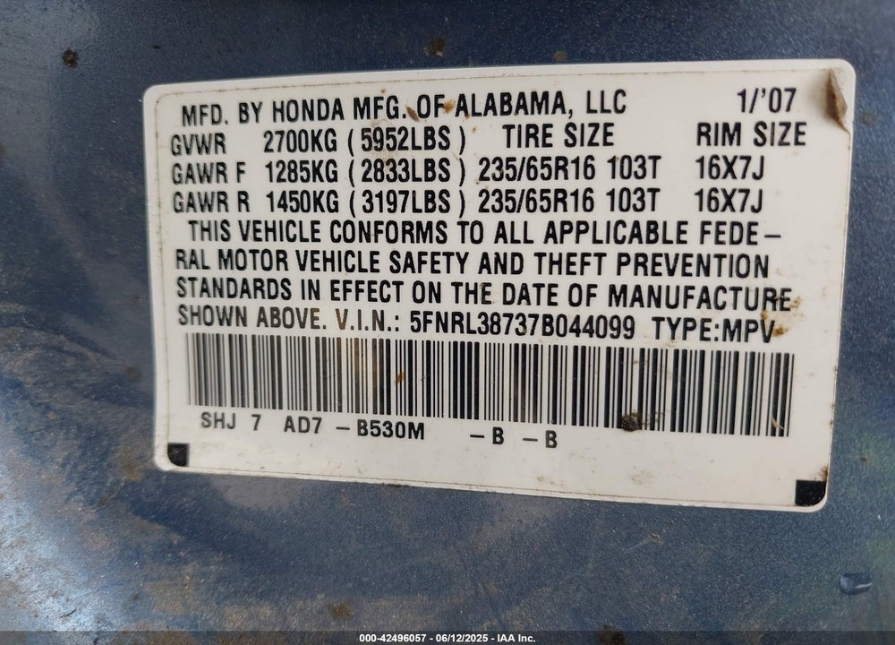 2007 HONDA ODYSSEY EX-L VIN: 5FNRL38737B044099