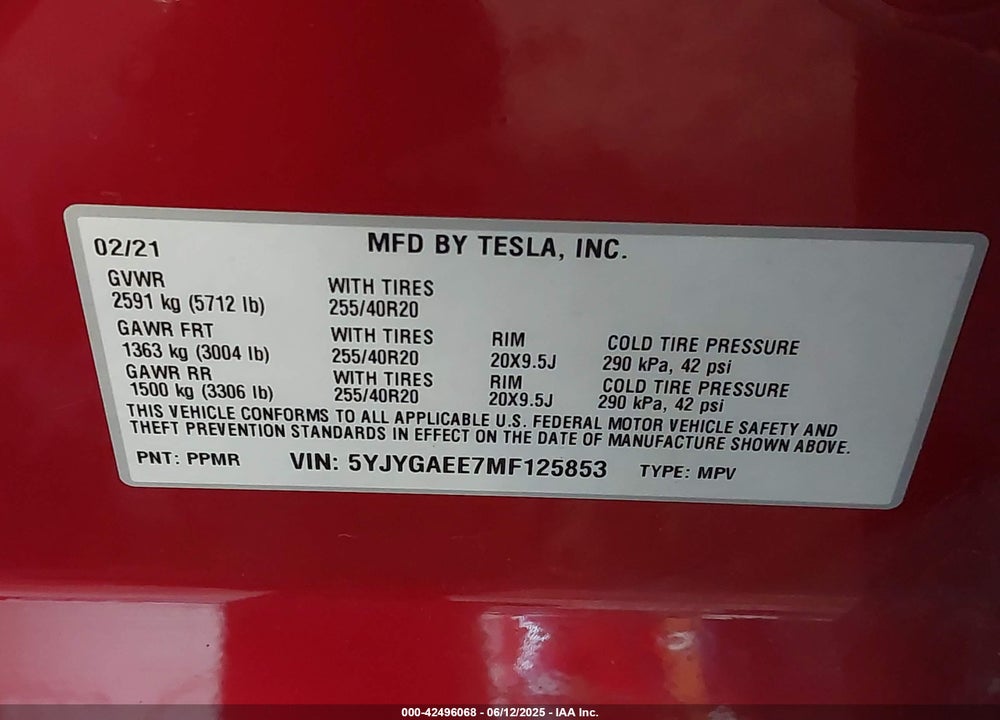 2021 TESLA MODEL Y VIN: 5YJYGAEE7MF125853
