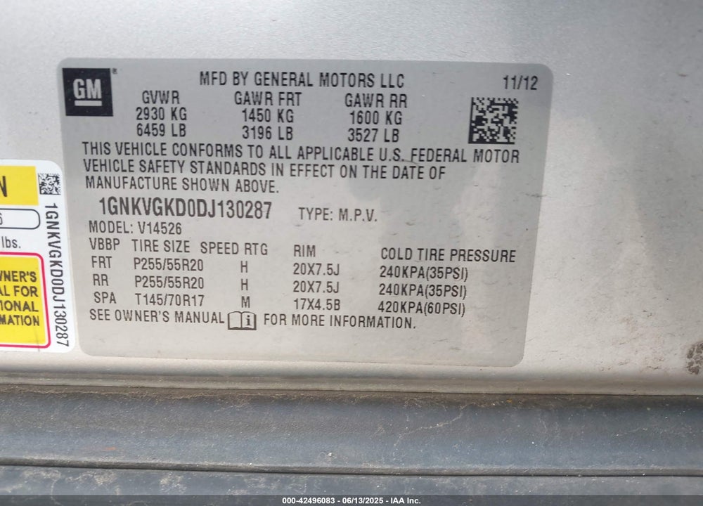 2013 CHEVROLET TRAVERSE VIN: 1GNKVGKD0DJ130287