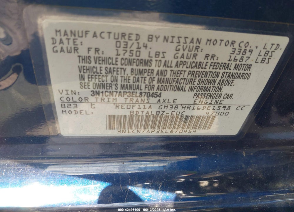2014 NISSAN VERSA VIN: 3N1CN7AP3EL870454