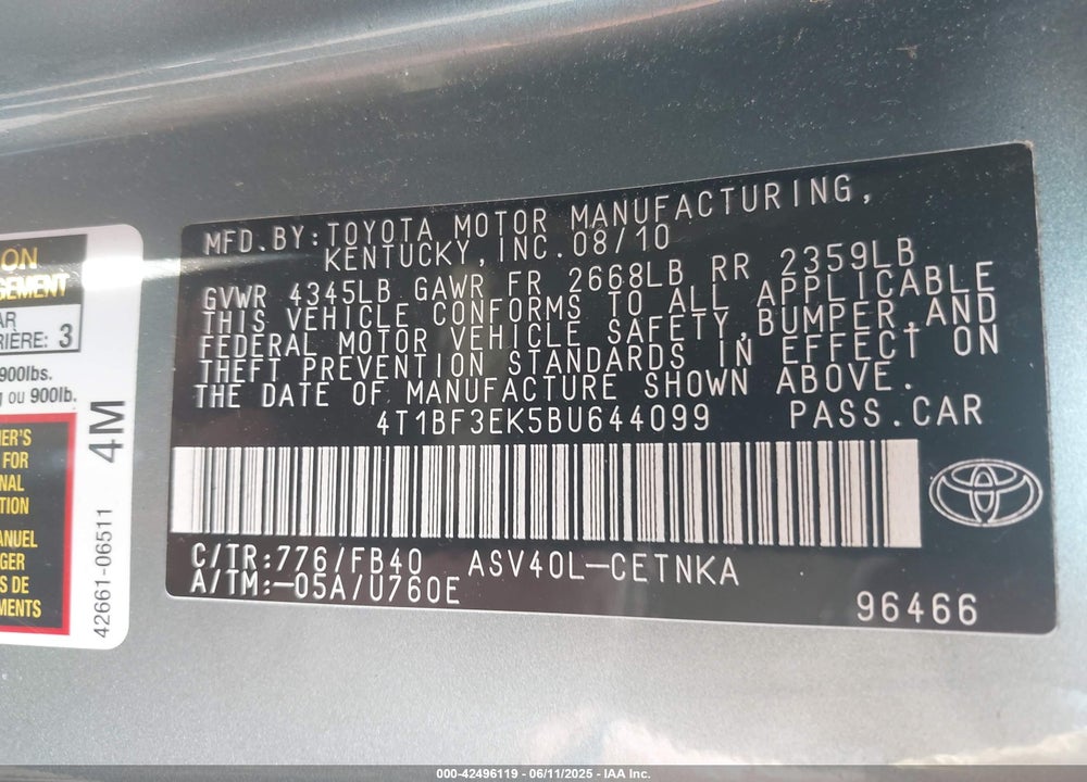 2011 TOYOTA CAMRY LE VIN: 4T1BF3EK5BU644099