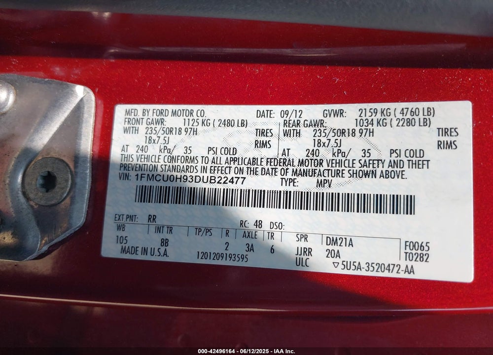 2013 FORD ESCAPE VIN: 1FMCU0H93DUB22477