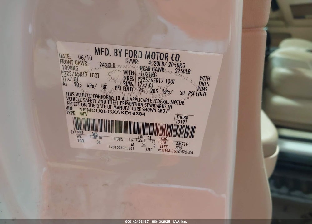 2010 FORD ESCAPE VIN: 1FMCU0EGXAKD16384