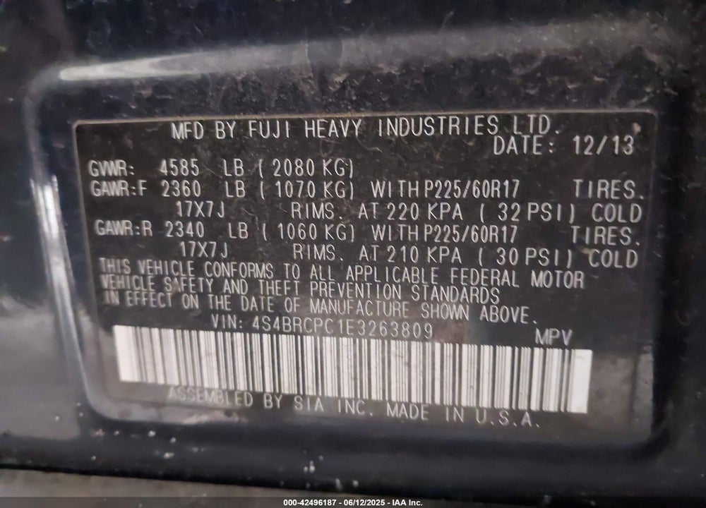 2014 SUBARU OUTBACK 2.5I LIMITED VIN: 4S4BRCPC1E3263809