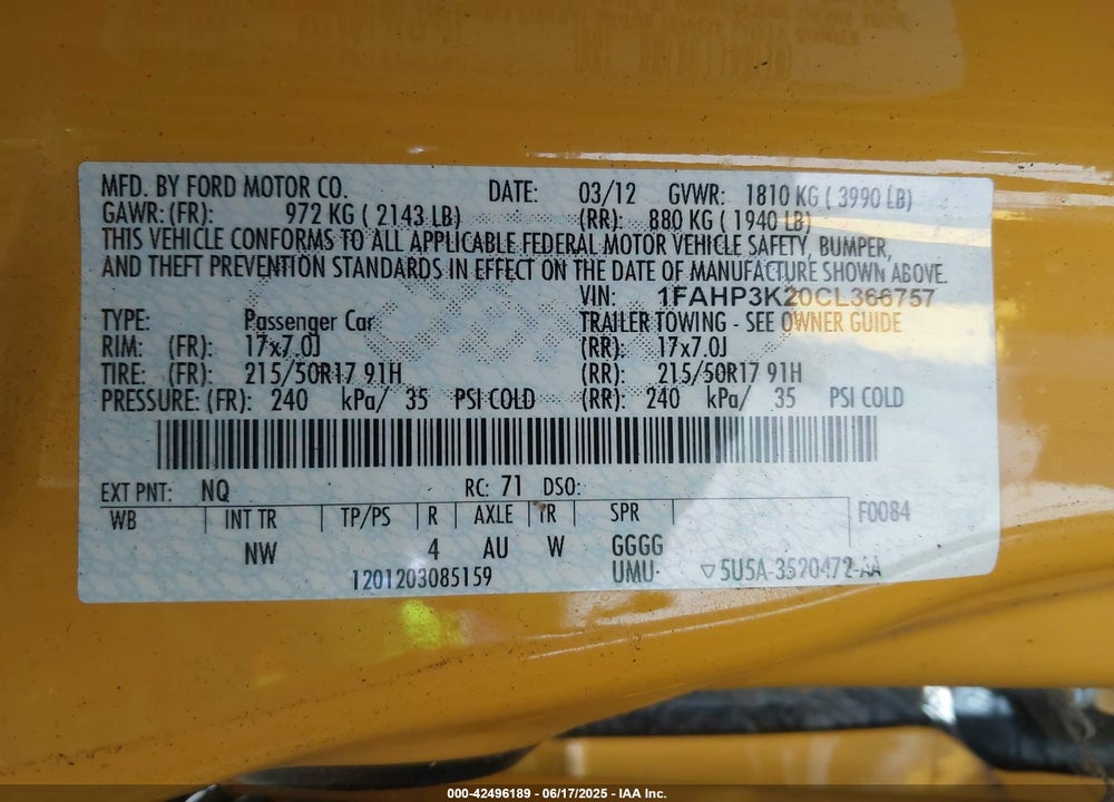 2012 FORD FOCUS VIN: 1FAHP3K20CL366757