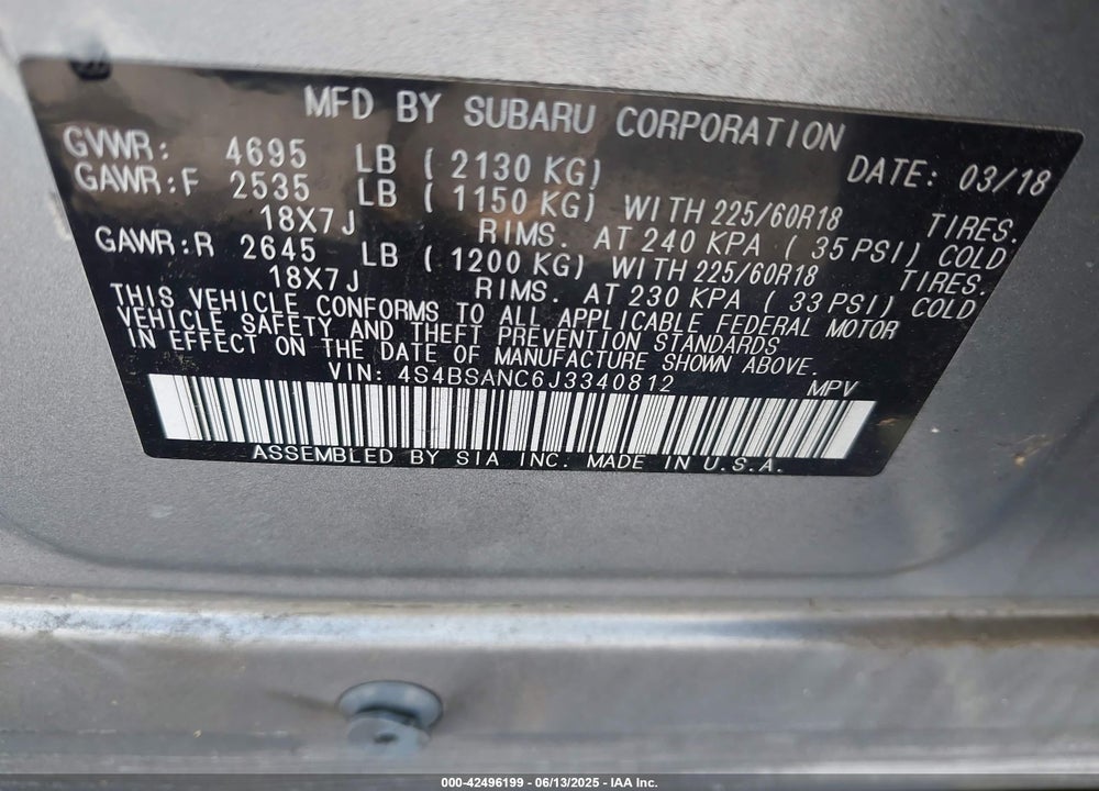 2018 SUBARU OUTBACK VIN: 4S4BSANC6J3340812