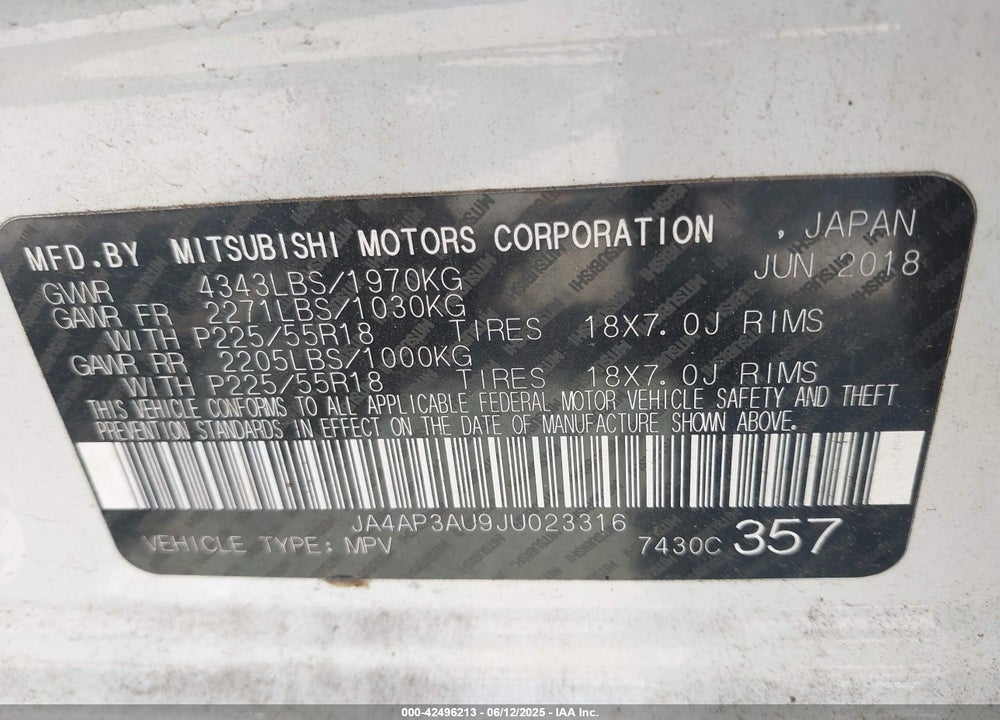 2018 MITSUBISHI OUTLANDER SPORT VIN: JA4AP3AU9JU023316