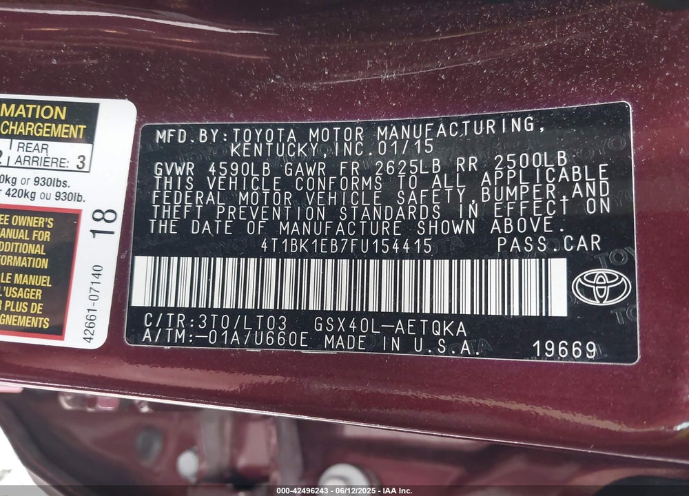 2015 TOYOTA AVALON XLE TOURING VIN: 4T1BK1EB7FU154415