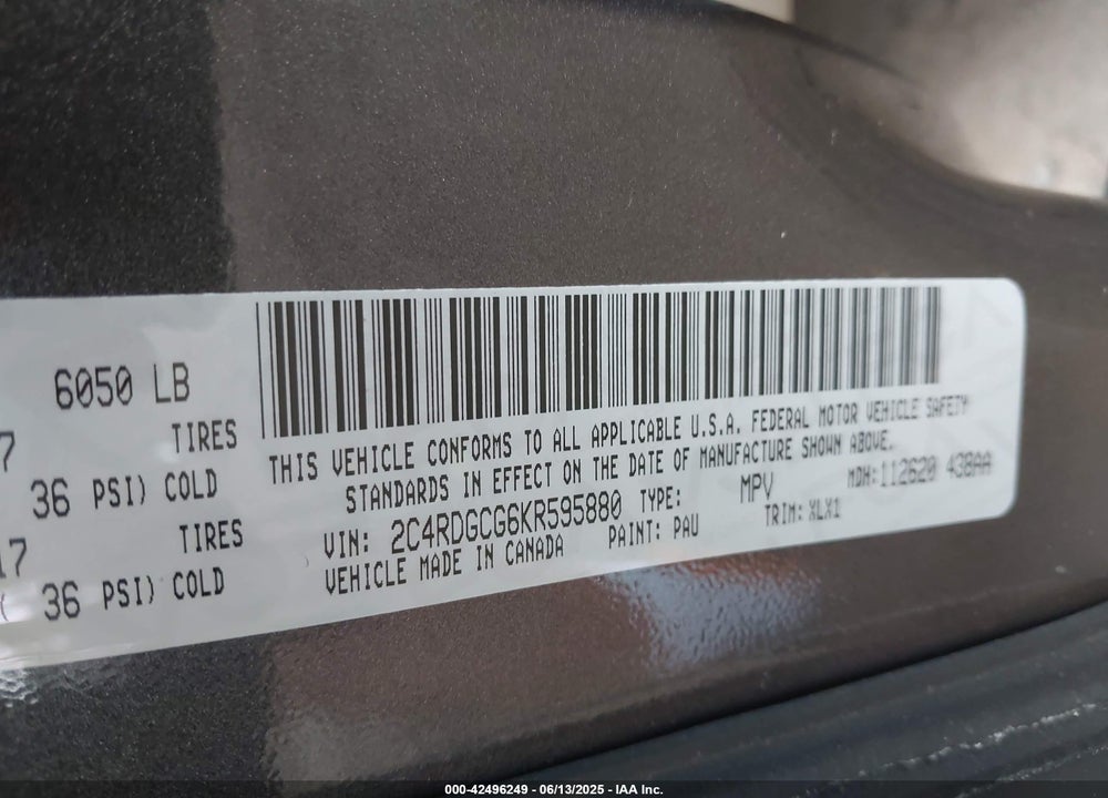 2019 DODGE GRAND CARAVAN SXT VIN: 2C4RDGCG6KR595880