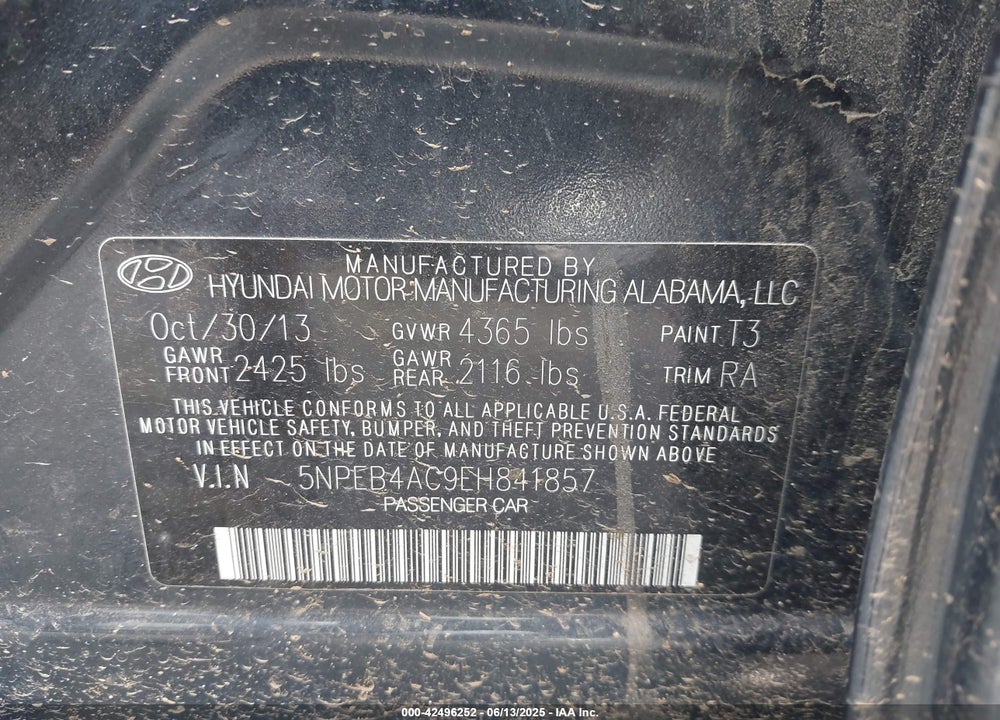 2014 HYUNDAI SONATA GLS VIN: 5NPEB4AC9EH841857