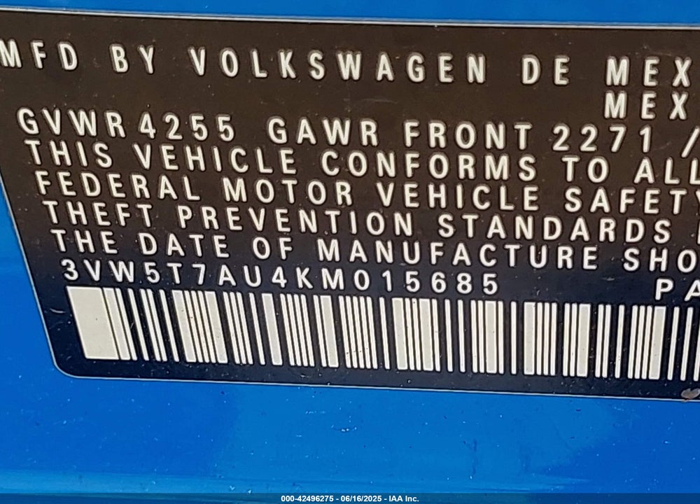 2019 VOLKSWAGEN GOLF GTI VIN: 3VW5T7AU4KM015685
