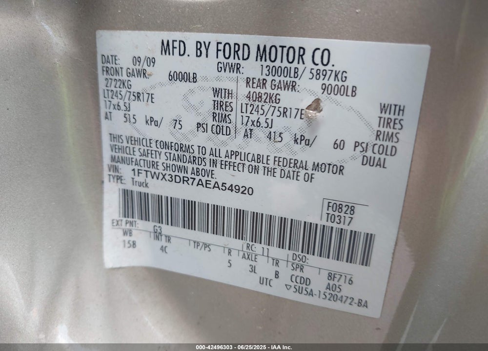 2010 FORD F-350 LARIAT/XL/XLT VIN: 1FTWX3DR7AEA54920