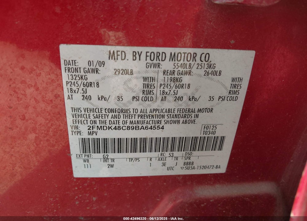 2009 FORD EDGE VIN: 2FMDK48C89BA64554