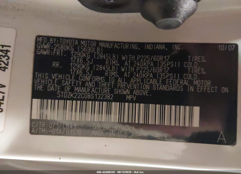 2008 TOYOTA SIENNA XLE VIN: 5TDZK22C08S132382