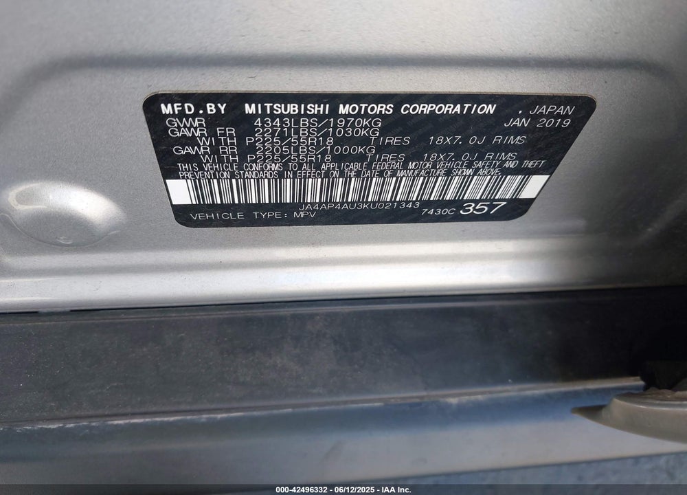 2019 MITSUBISHI OUTLANDER SPORT VIN: JA4AP4AU3KU021343