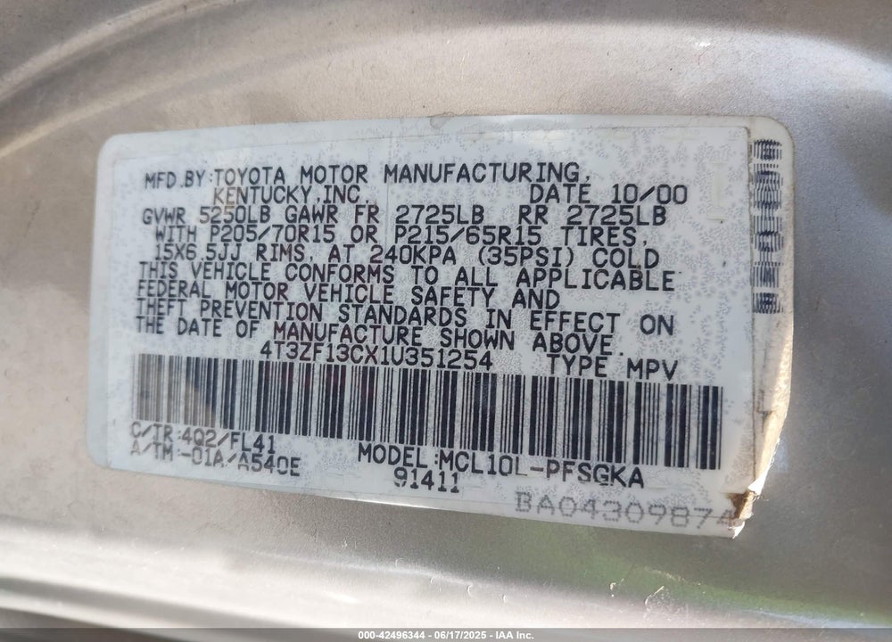2001 TOYOTA SIENNA XLE VIN: 4T3ZF13CX1U351254