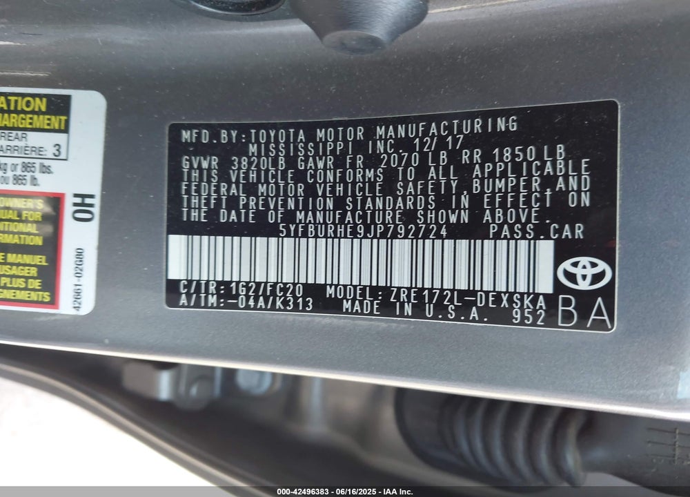 2018 TOYOTA COROLLA SE/XSE VIN: 5YFBURHE9JP792724